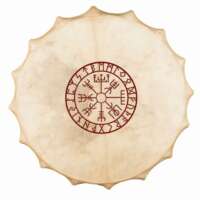 Tambour chamanique sibérien en peau de chèvre avec symbole runique rouge et laçage traditionnel